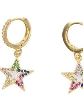 Gold Multicolor Star Huggie Hoop Earrings - Women Jewelry